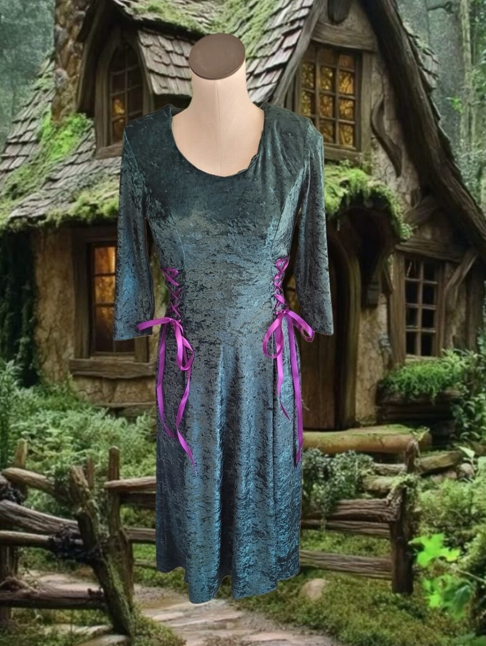 Emerald Stretchy Velvet Lace-Up Women’s Dress with Purple Ribbon